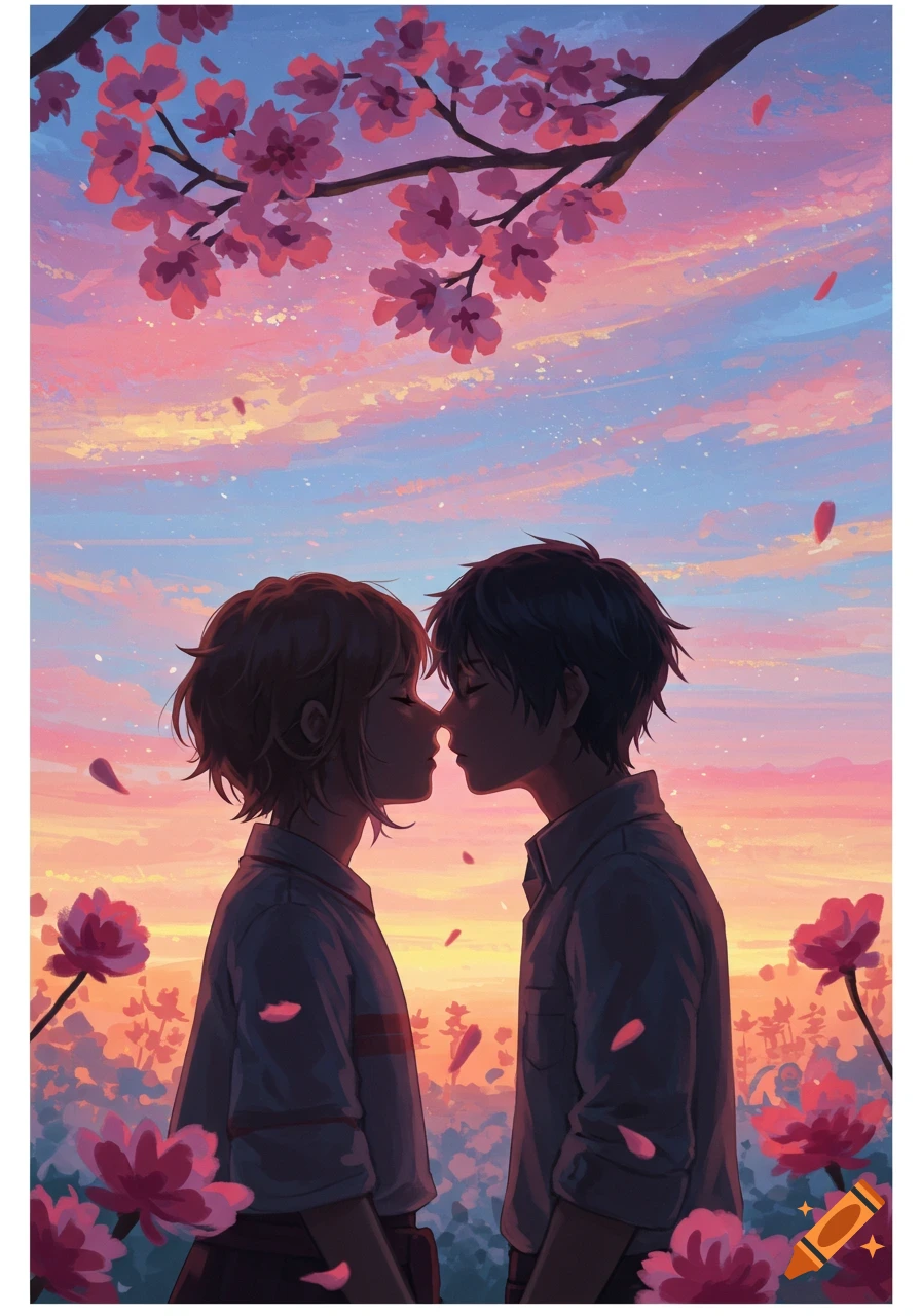Anime illustration of a couple leaning in for a kiss under cherry blossoms at a vibrant sunset, with flowers in the foreground.