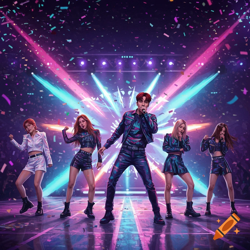 A stylized illustration of a K-pop group performing on a vibrant stage with neon lights and confetti.