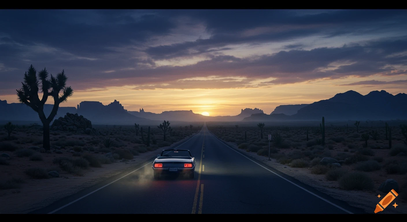 A classic car drives down a long desert road towards a vibrant sunset over distant mountains and Joshua trees.