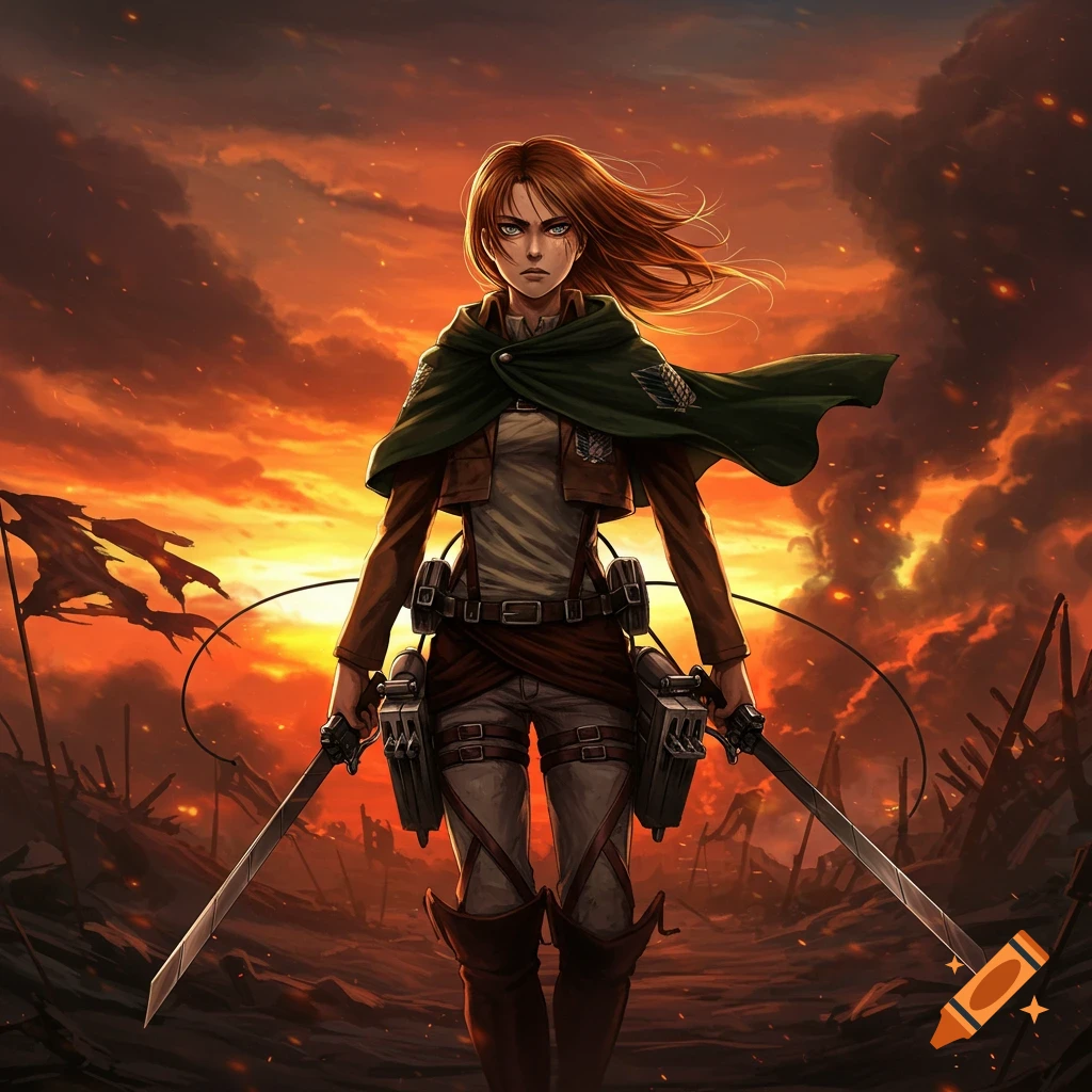 Anime-style female warrior in uniform holding two swords in a fiery, destroyed landscape.