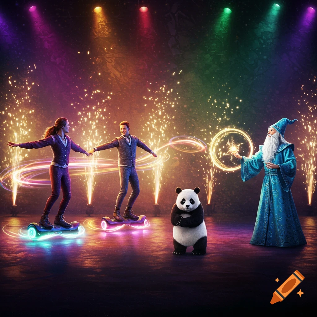 A wizard, a panda, and two people on glowing hoverboards perform with fireworks and magic light trails on a colorful stage.