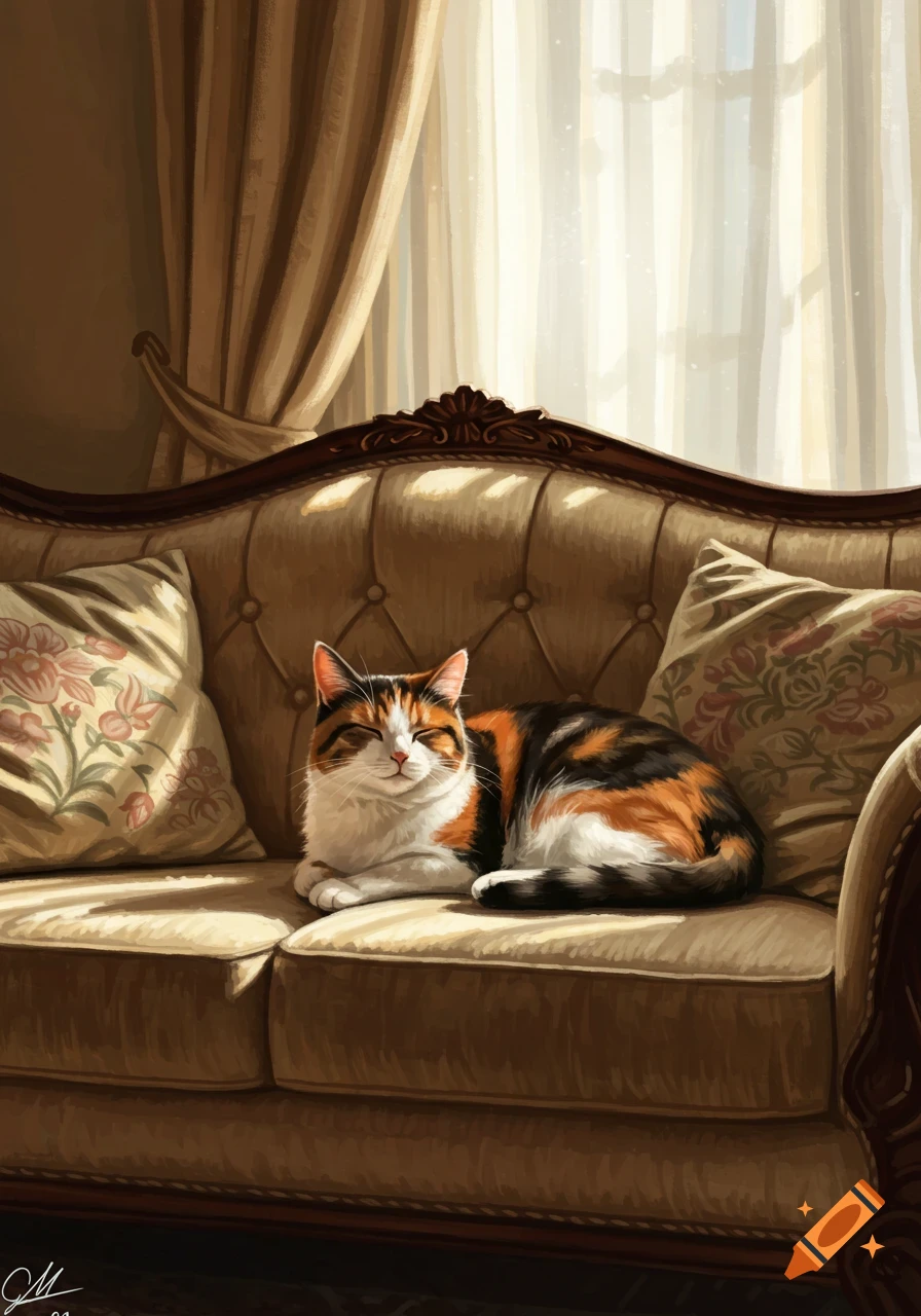A calico cat rests peacefully on a tufted sofa, bathed in warm light from a window with curtains in a digital painting style.