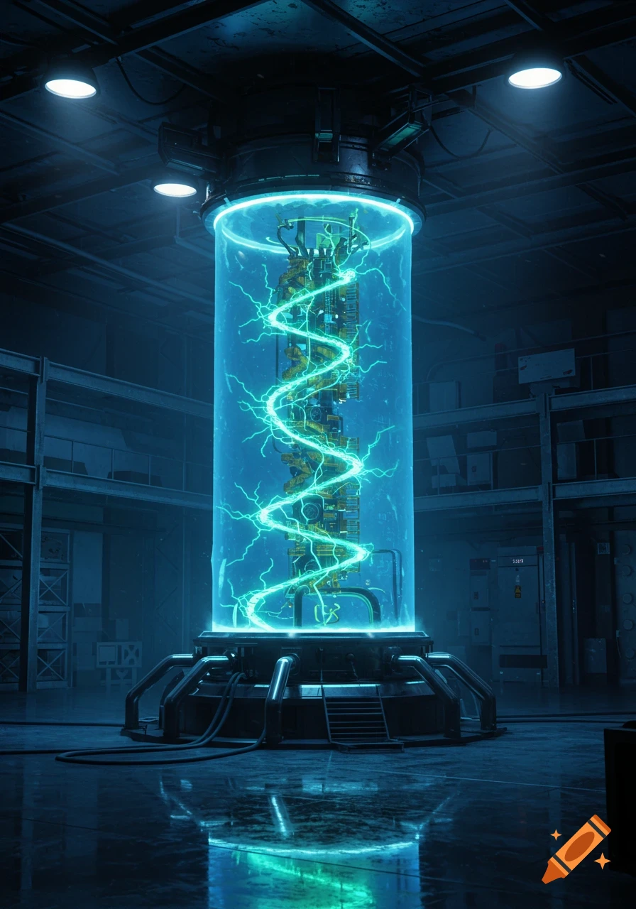 A glowing blue transparent cylinder containing green electricity stands tall in a dark, high-tech warehouse.