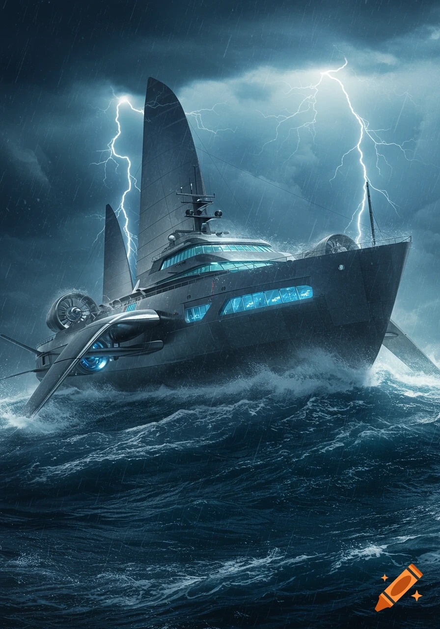 A sleek, futuristic ship with large fins cutting through stormy dark ocean waves under lightning.