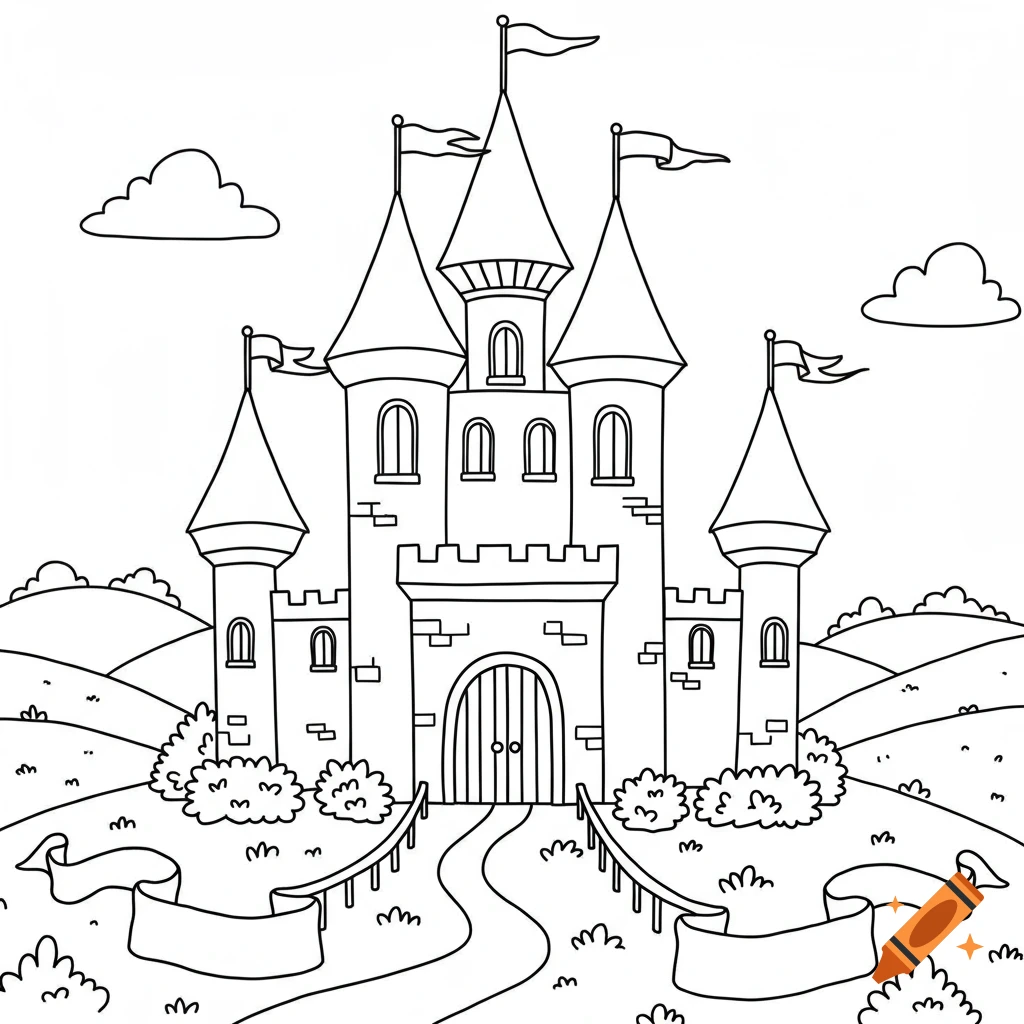 Black and white outline drawing of a fairytale castle with multiple turrets, flags, a winding path, and hills.