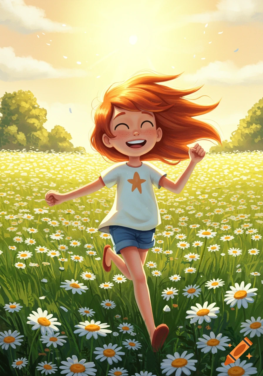 A happy cartoon girl with flowing red hair runs joyfully through a vibrant, sunny field of white daisies.