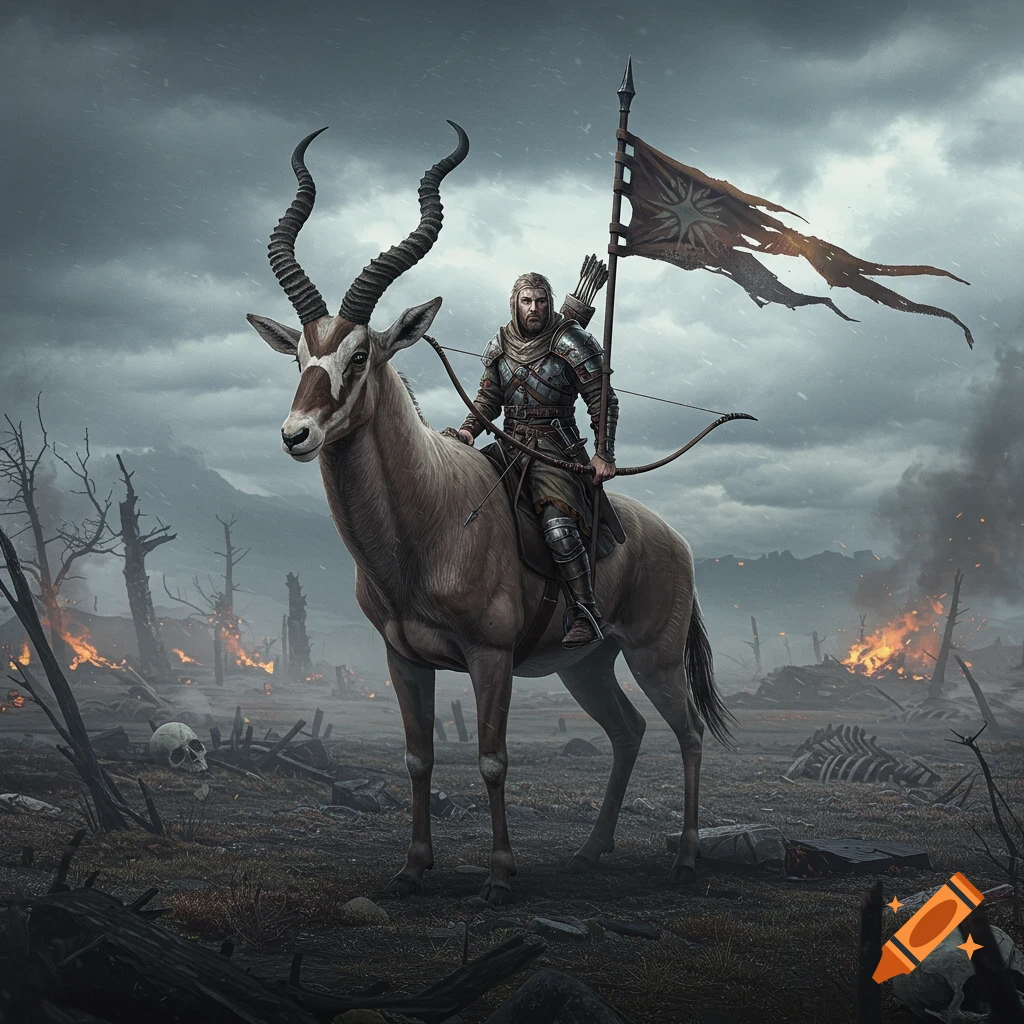 A grimdark fantasy warrior on an antelope with a bow and torn banner, riding through a burning, war-torn landscape.