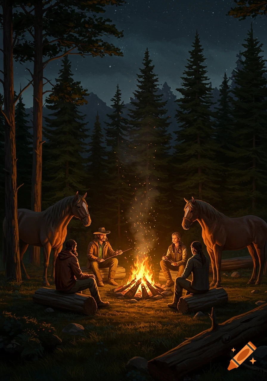 Four people and two horses gathered around a warm bonfire in a dense forest at night under a starry sky.