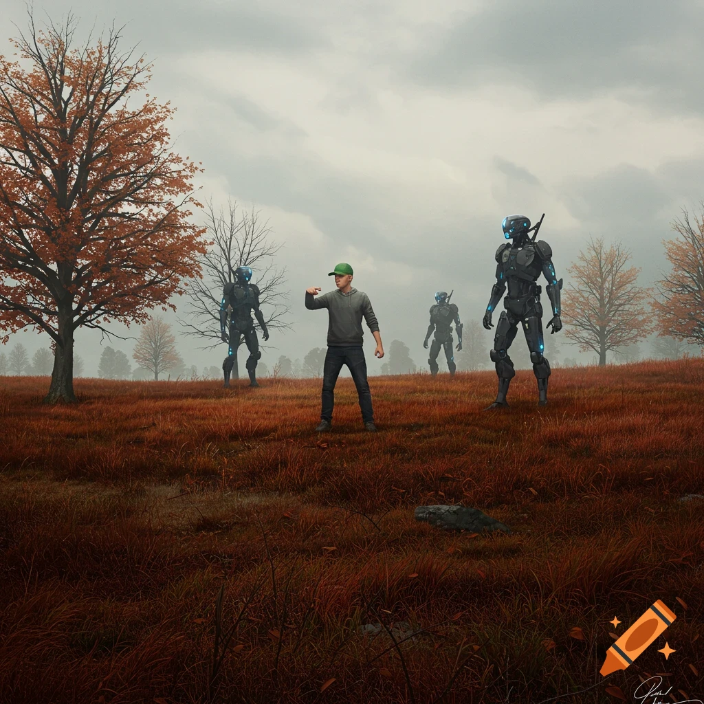 A man in a green baseball cap and grey hoodie points at himself, standing in a vast autumn field, facing three large humanoid robots under a cloudy sky.
