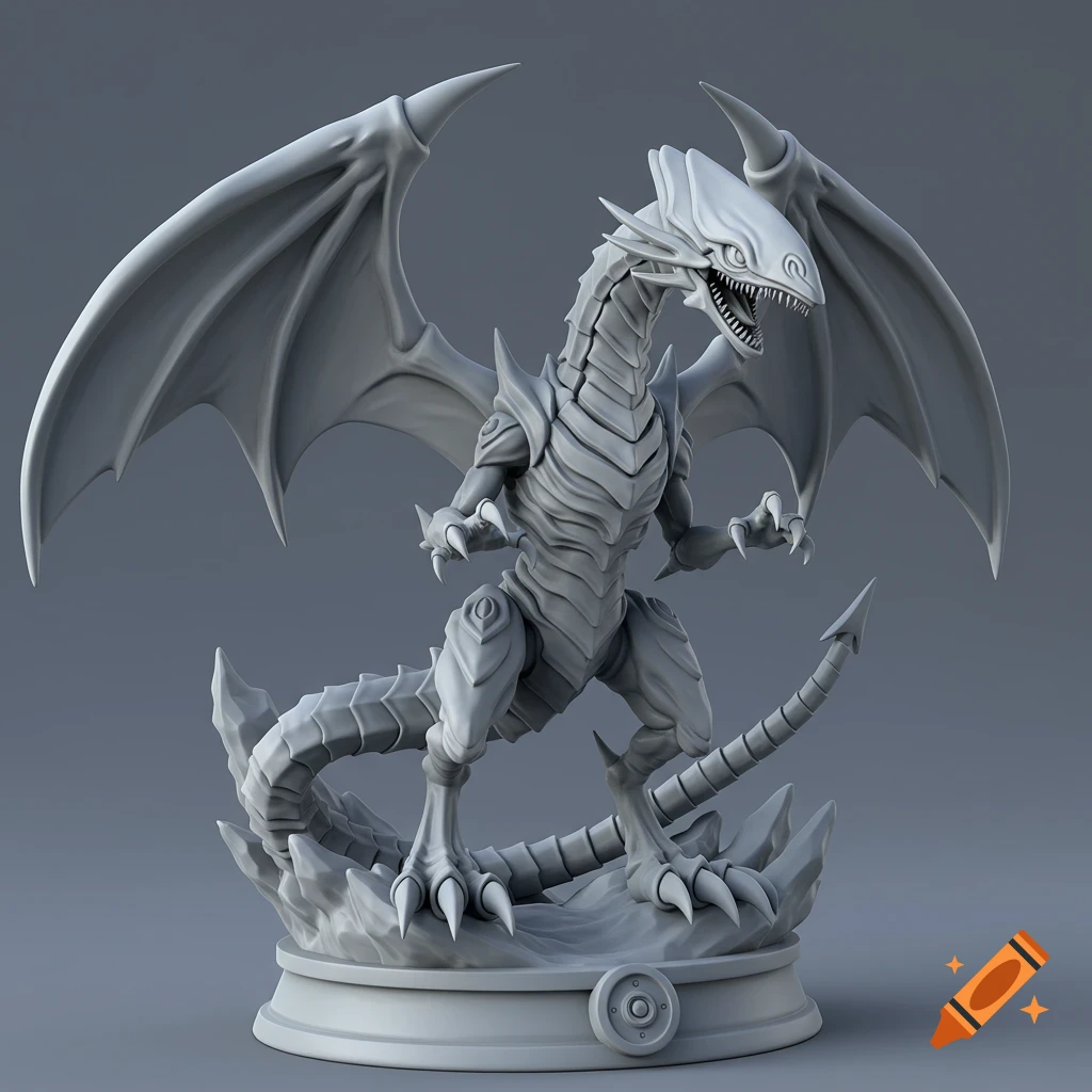 Grayscale 3D model of the Blue-Eyes White Dragon from Yu-Gi-Oh, standing on a sculpted base.