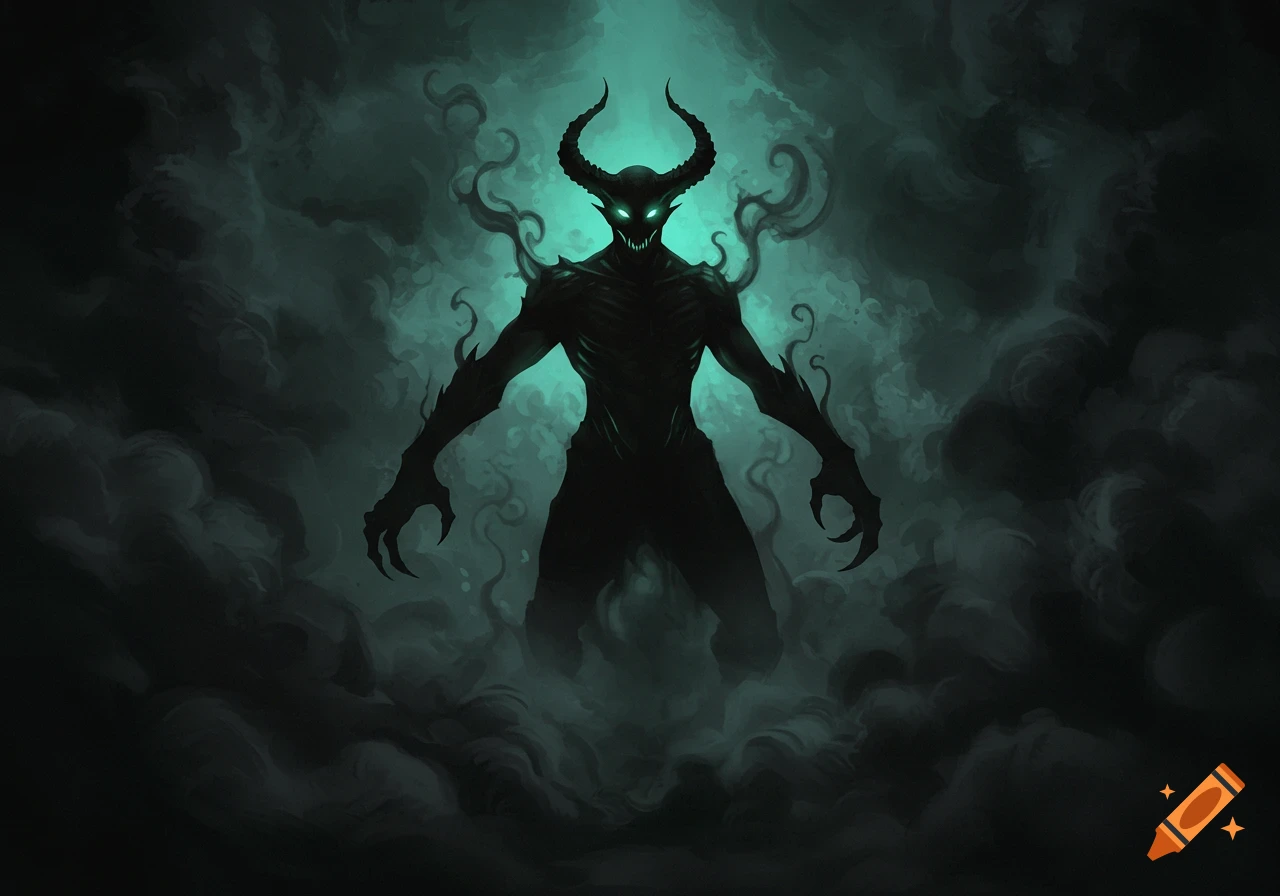 Dark fantasy digital art of a horned, skeletal demon with glowing green eyes emerging from swirling green smoke.