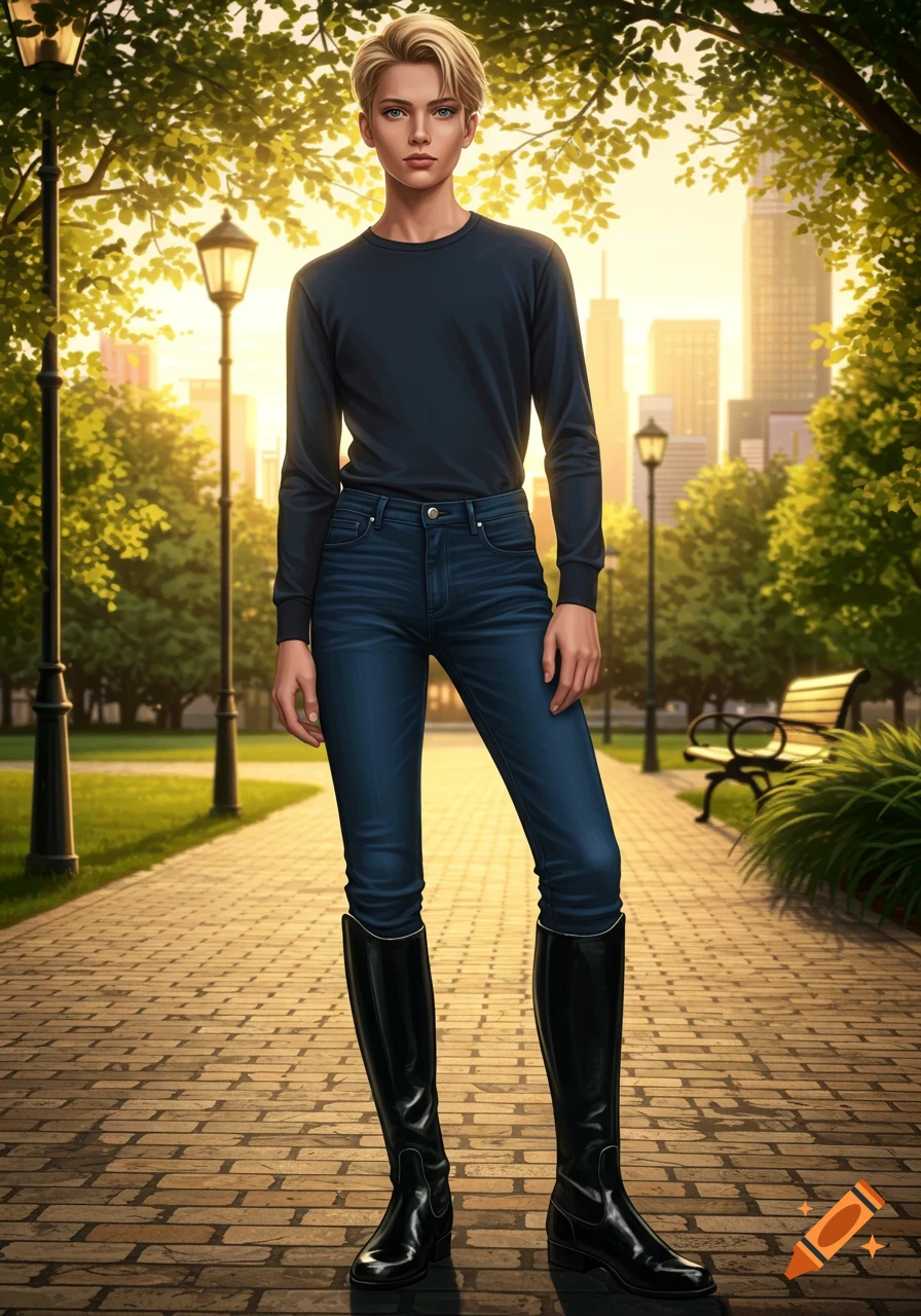 A blond person with short hair wearing a dark long-sleeve shirt, tight blue jeans, and tall black riding boots stands on a brick path in a sunny park with city buildings in the background.
