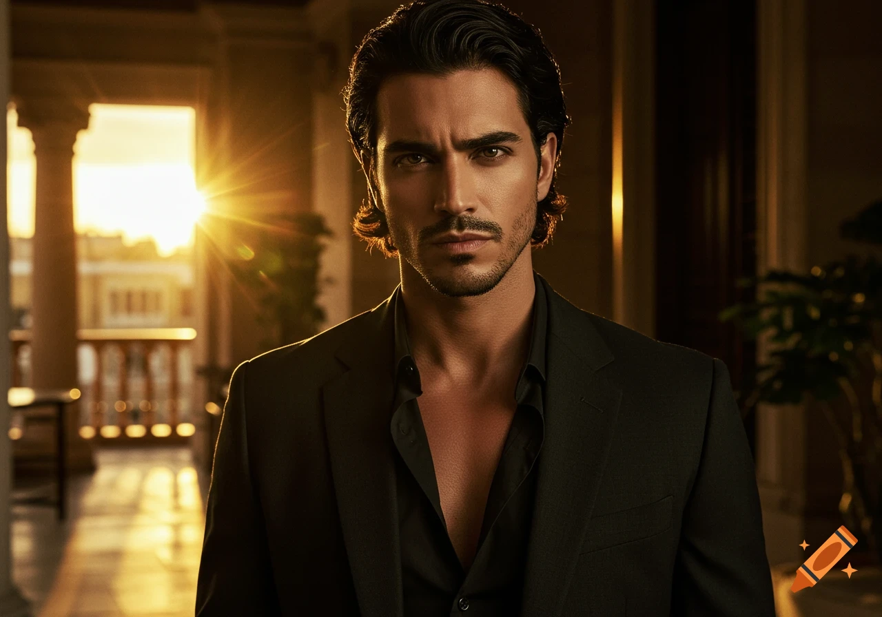 A dark-haired man with a mustache and beard wears an open black shirt and suit jacket, looking intently at the camera with warm sunset lighting behind him on a balcony.