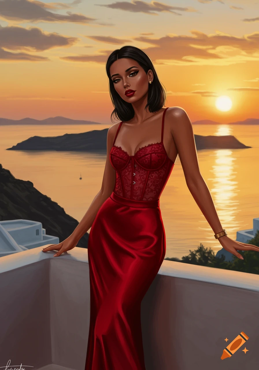 Glamorous woman in a red corset top and silky skirt poses on a terrace overlooking a sunset sea and islands, digital art.