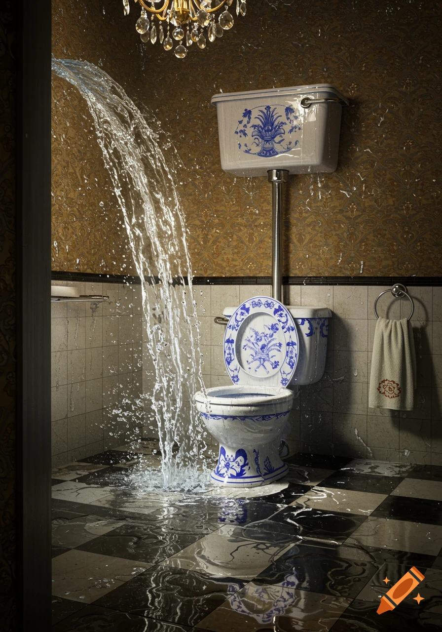 An ornate toilet overflows with water, flooding a lavish tiled bathroom floor under a grand chandelier. Photorealistic.