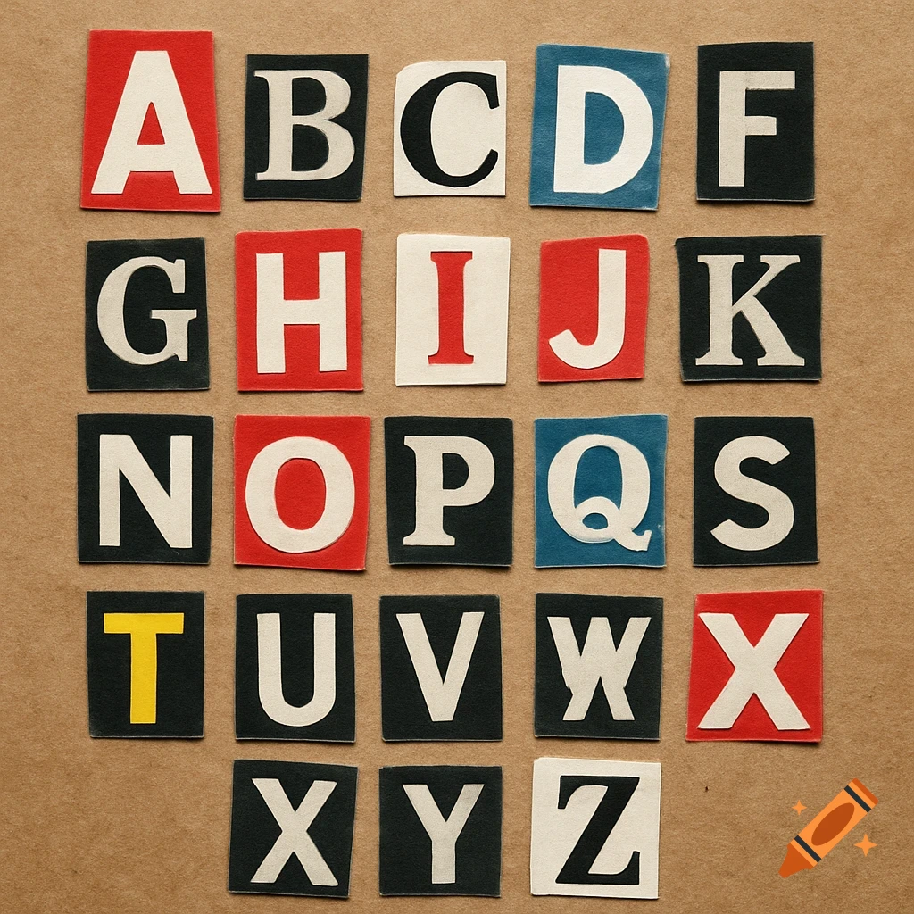 A flat lay image of various cutout letters of the alphabet in a ransom collage style, with red, blue, black, and yellow backgrounds, on a brown paper surface.