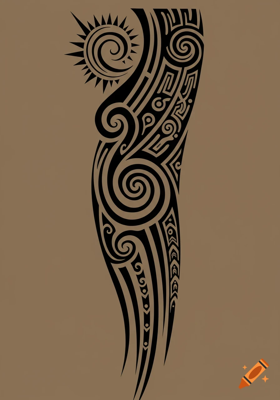 A long, vertical black tribal tattoo design with spirals and geometric patterns on a solid brown background.