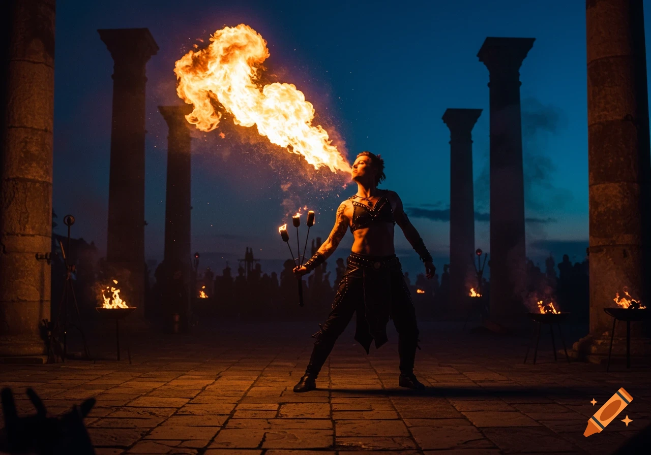 A fire-breather exhales a huge flame, holding torches in a dark ancient ruin with tall columns and scattered fires, photorealistic.