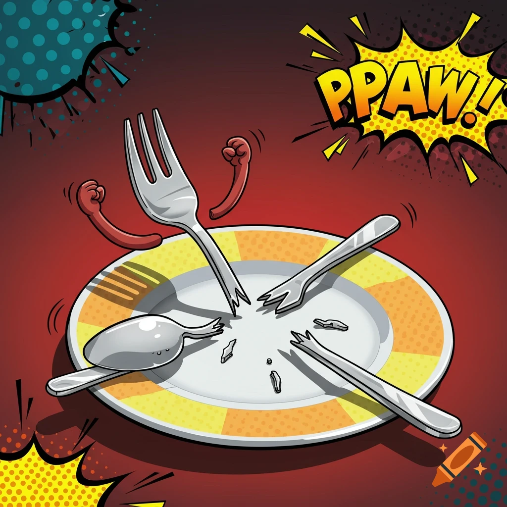 A cartoon fork with red arms stands triumphantly over a broken spoon and knife on a yellow and orange plate, with 'PPAW!' in a comic speech bubble.