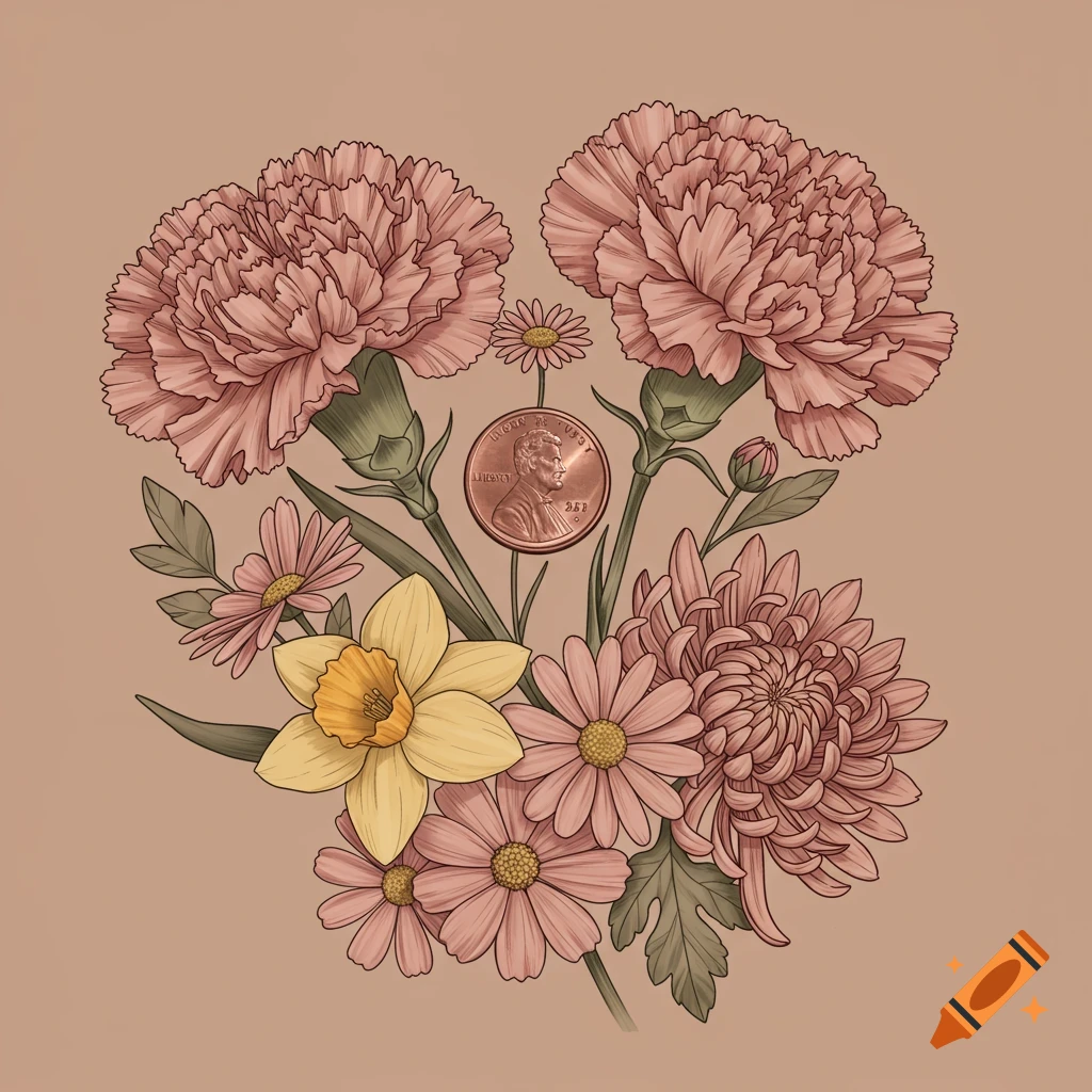 A detailed illustration of a bouquet featuring pink carnations, a yellow daffodil, pink daisies, a pink chrysanthemum, and a copper penny, against a light brown background.