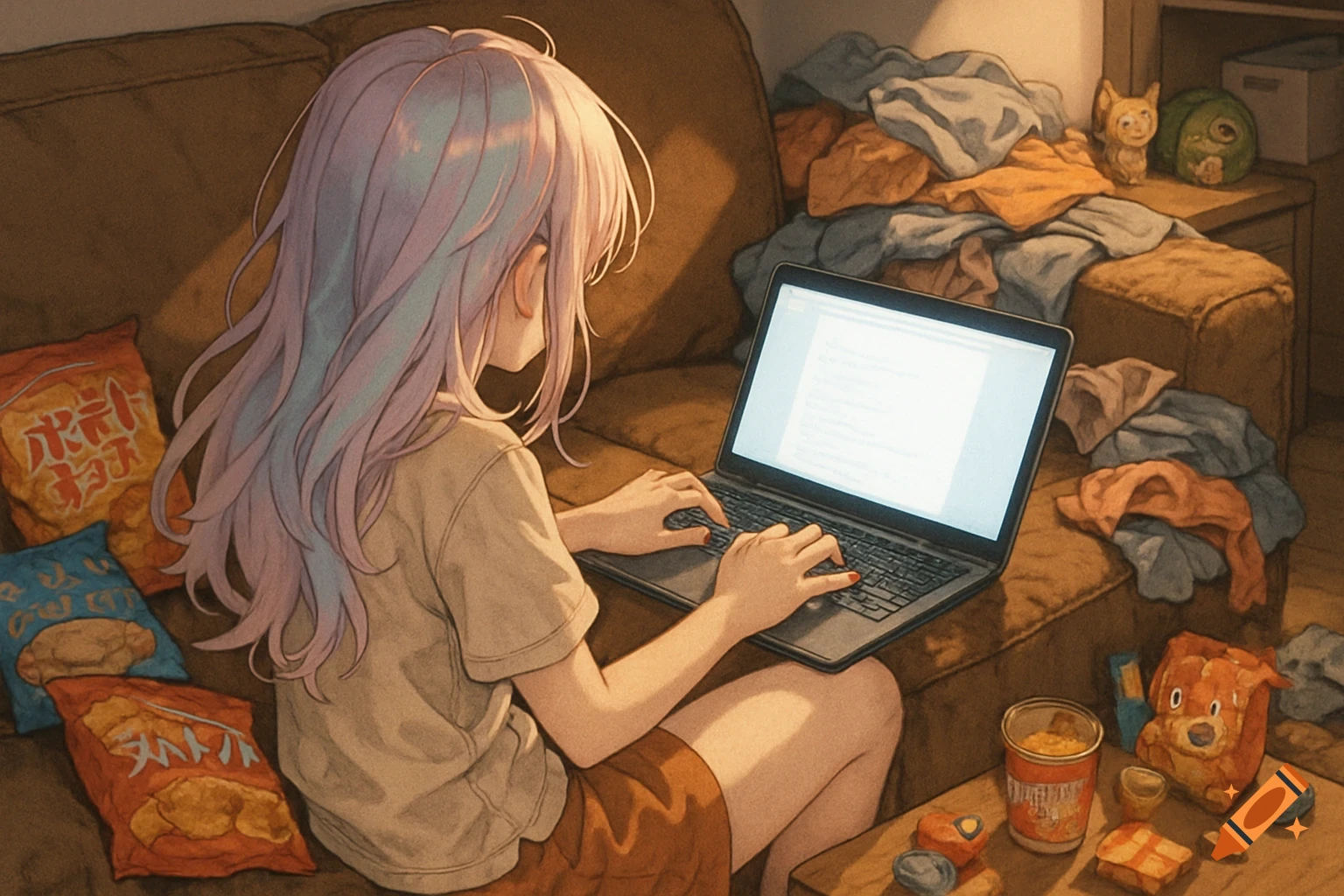 Anime girl with light purple hair on a couch typing on a laptop, surrounded by snacks and clothes in a warm anime style.
