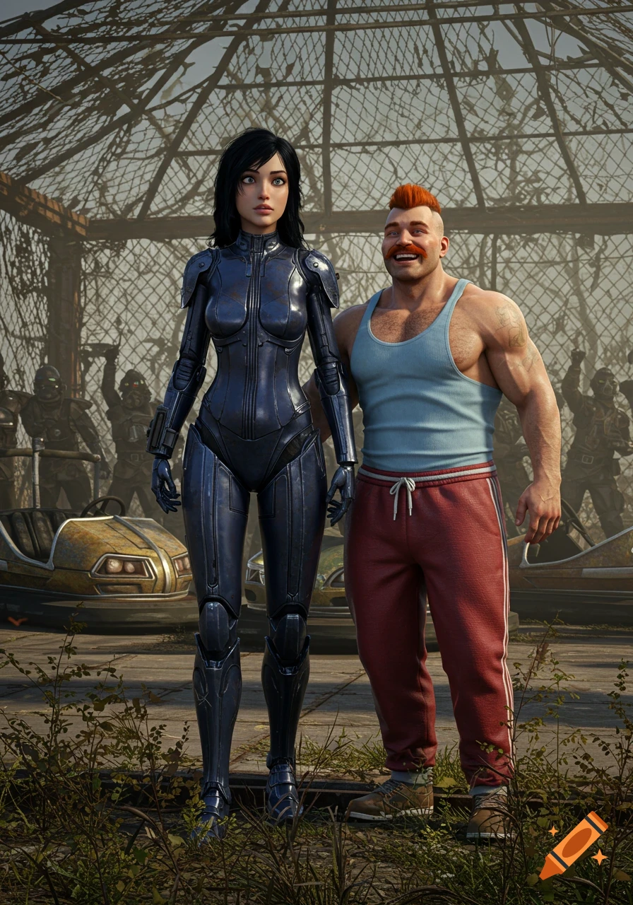 A woman in a dark futuristic suit and a muscular man with a mustache and red hair stand in a ruined, caged bumper car area with figures in the background.