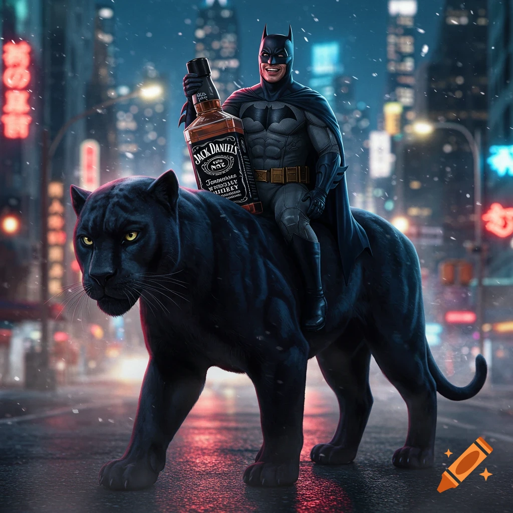 Smiling Batman rides a black panther, holding a Jack Daniels bottle on a snowy city street at night.
