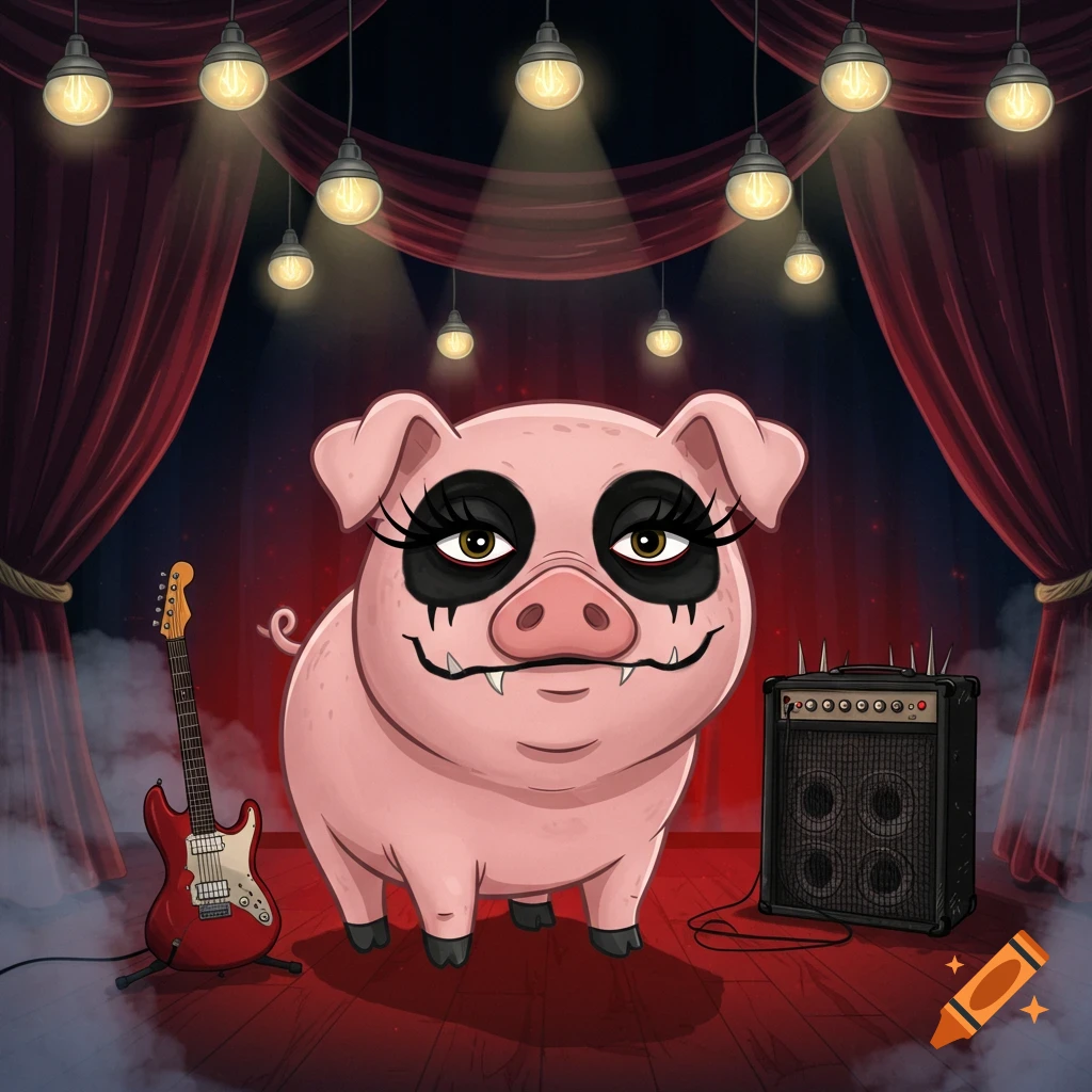 Cartoon pig with black metal corpse paint on a stage with a red electric guitar and amplifier.