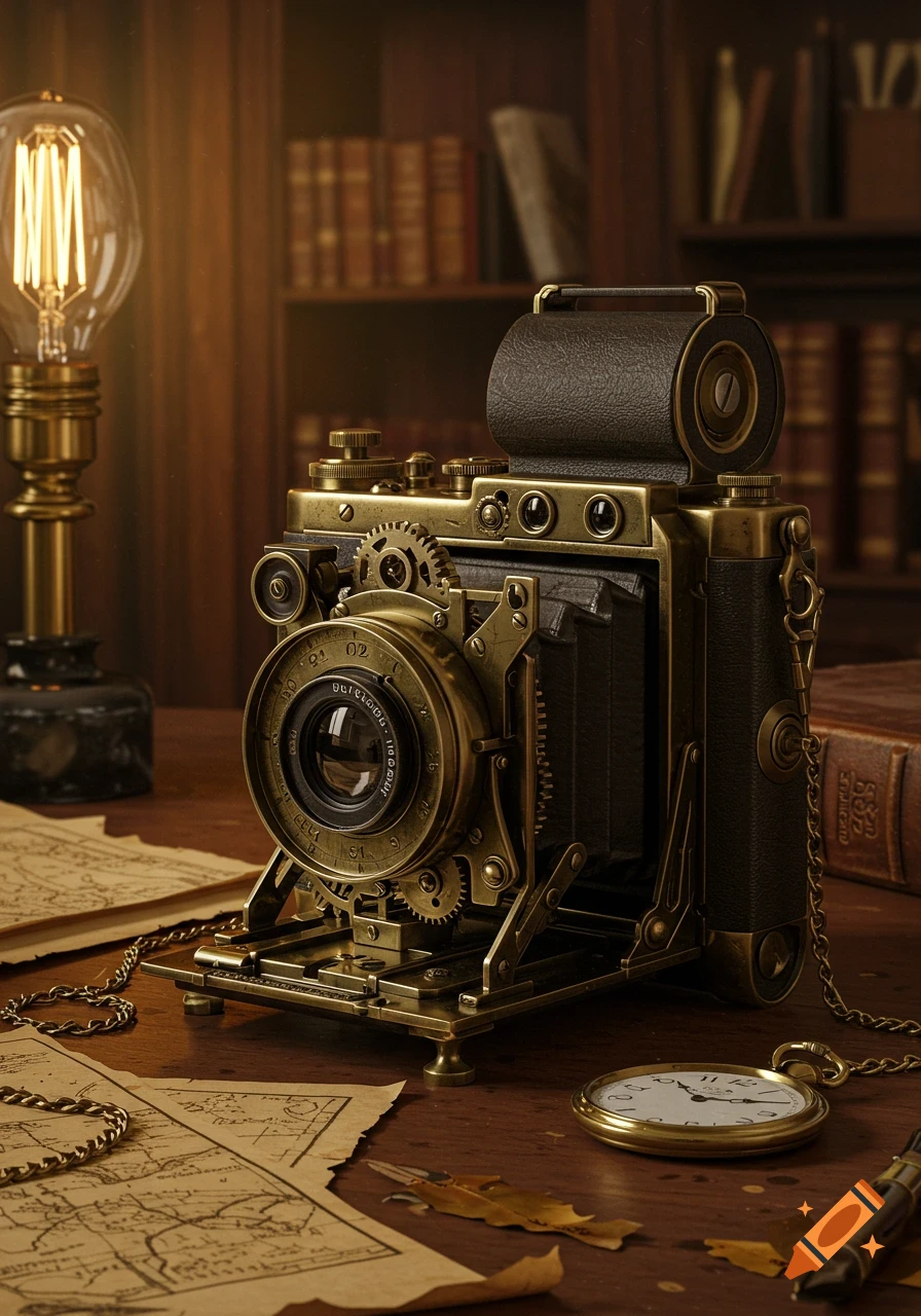 A photorealistic image of a detailed steampunk-style camera with brass gears and leather accents, sitting on a wooden desk with an old map, a pocket watch, and an Edison bulb lamp.