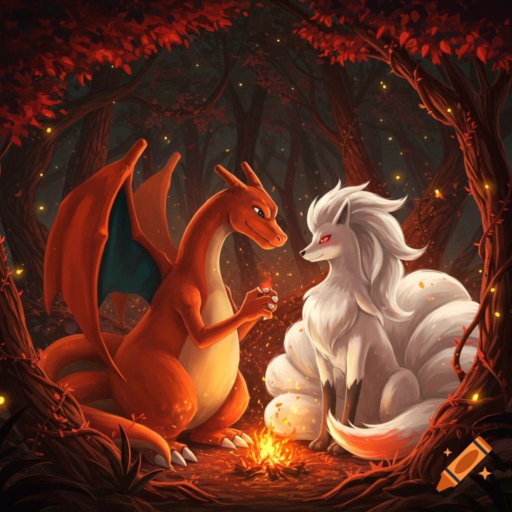 A Charizard and Ninetales sit by a small campfire in a magical forest with glowing specks and red autumn leaves, illustration.