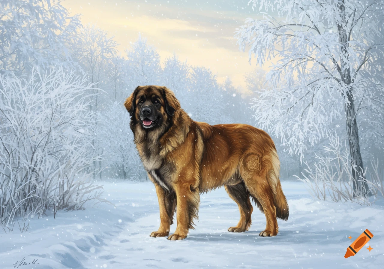 A realistic painting of a large golden-brown dog standing on a snowy path with frozen, snow-covered trees in a winter scene.