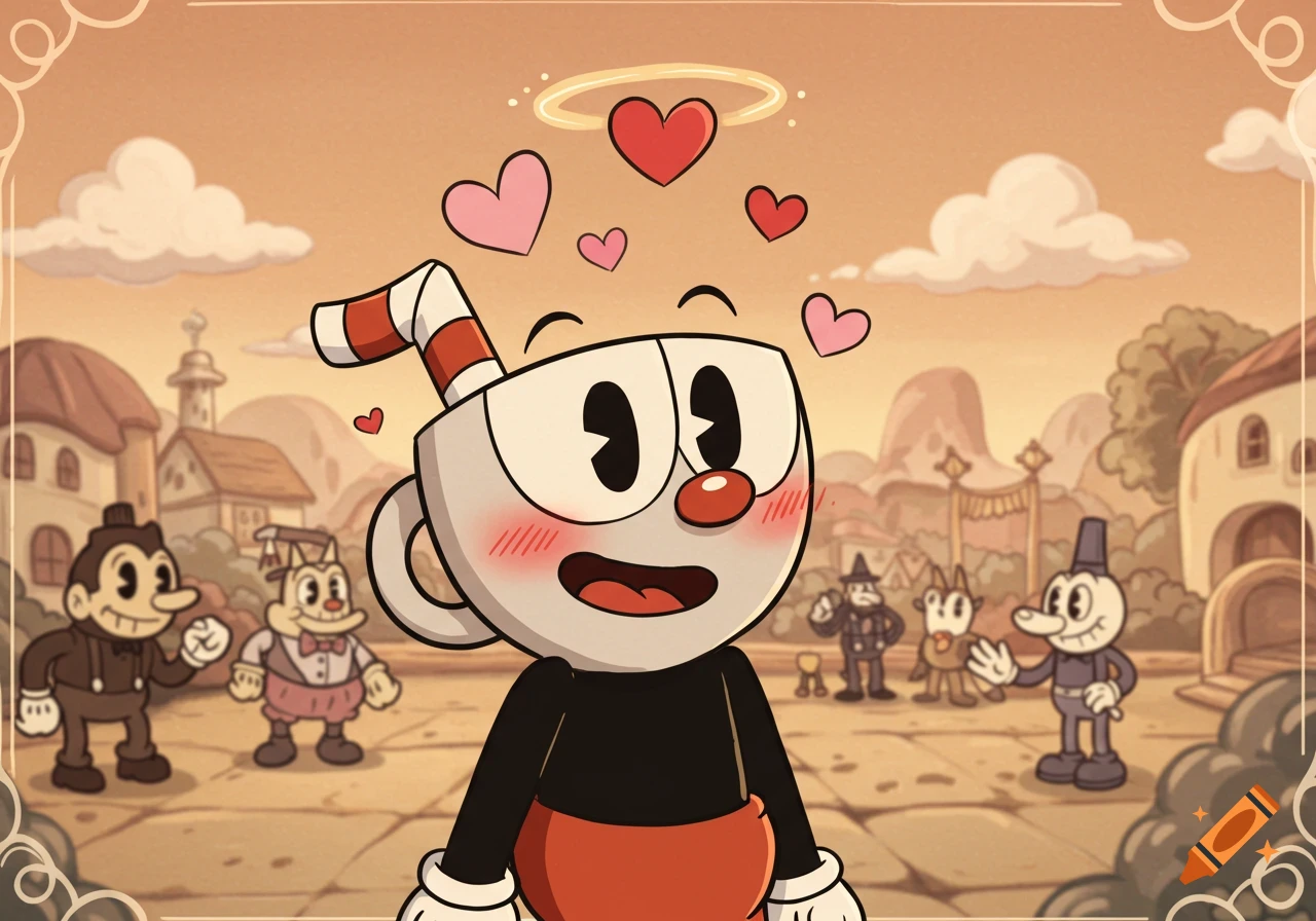 Cuphead character blushing with hearts floating above his head, standing in a cartoon town in The Cuphead Show style.