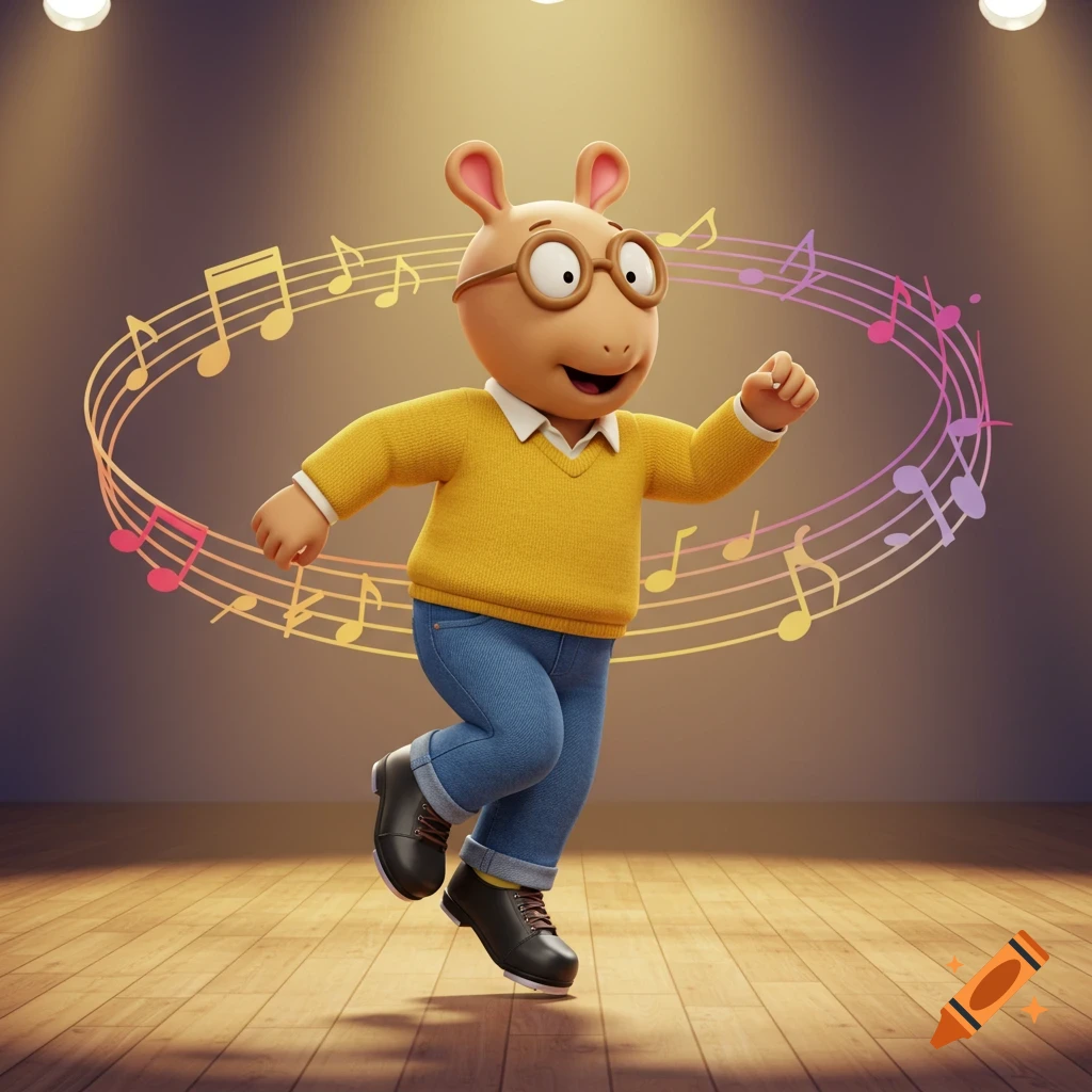 3D render of Arthur from PBS Kids tap dancing on a wooden stage with musical notes around him.