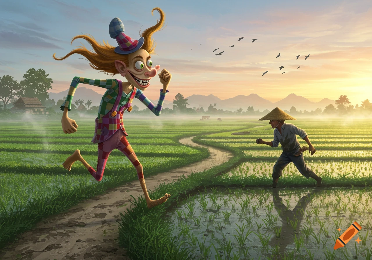 A vibrant, whimsical illustration of a freaky, cartoon character chasing a rice farmer through green paddies at sunrise.