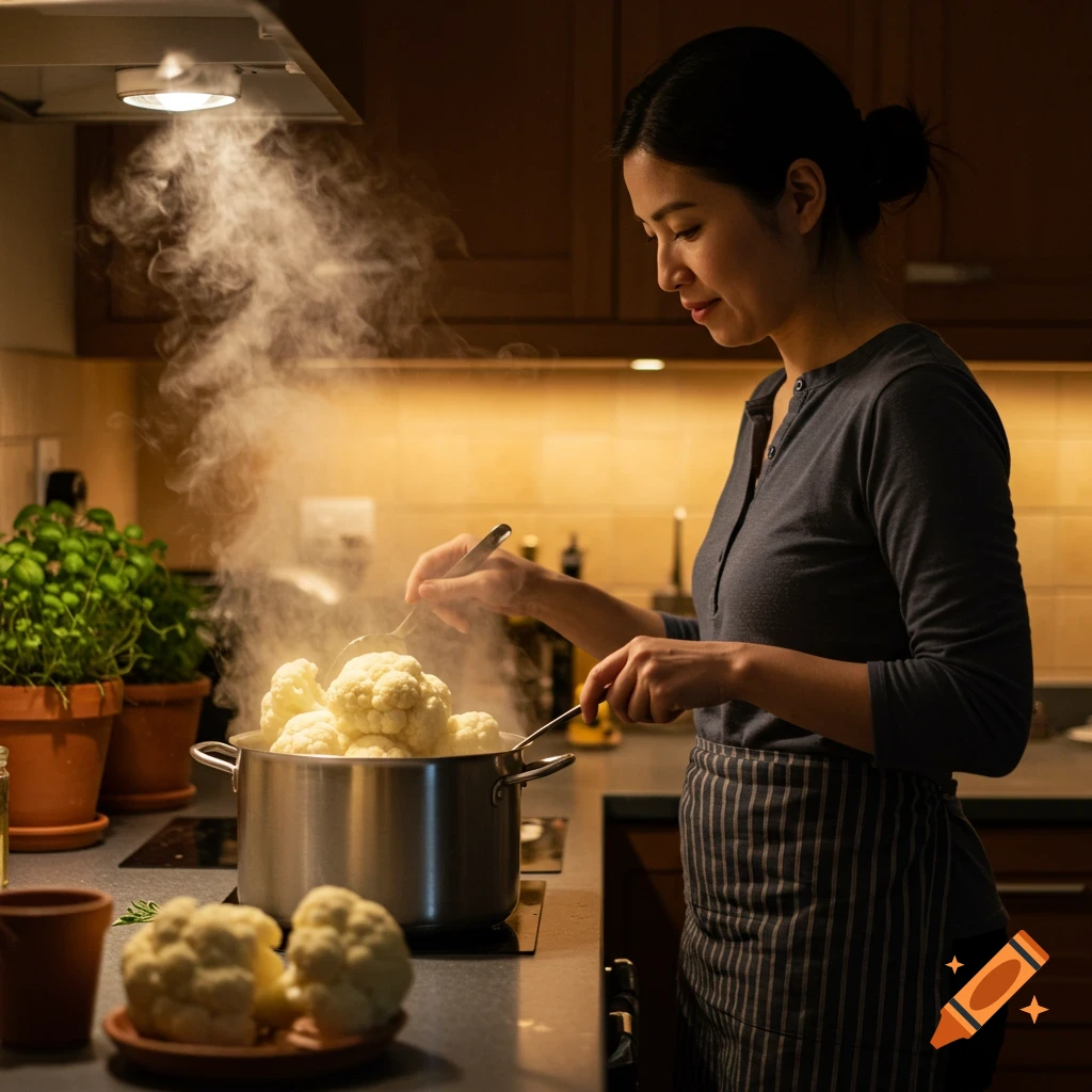 A woman cooking cauliflower in a steaming, overfull pot on a stovetop in a dark kitchen.