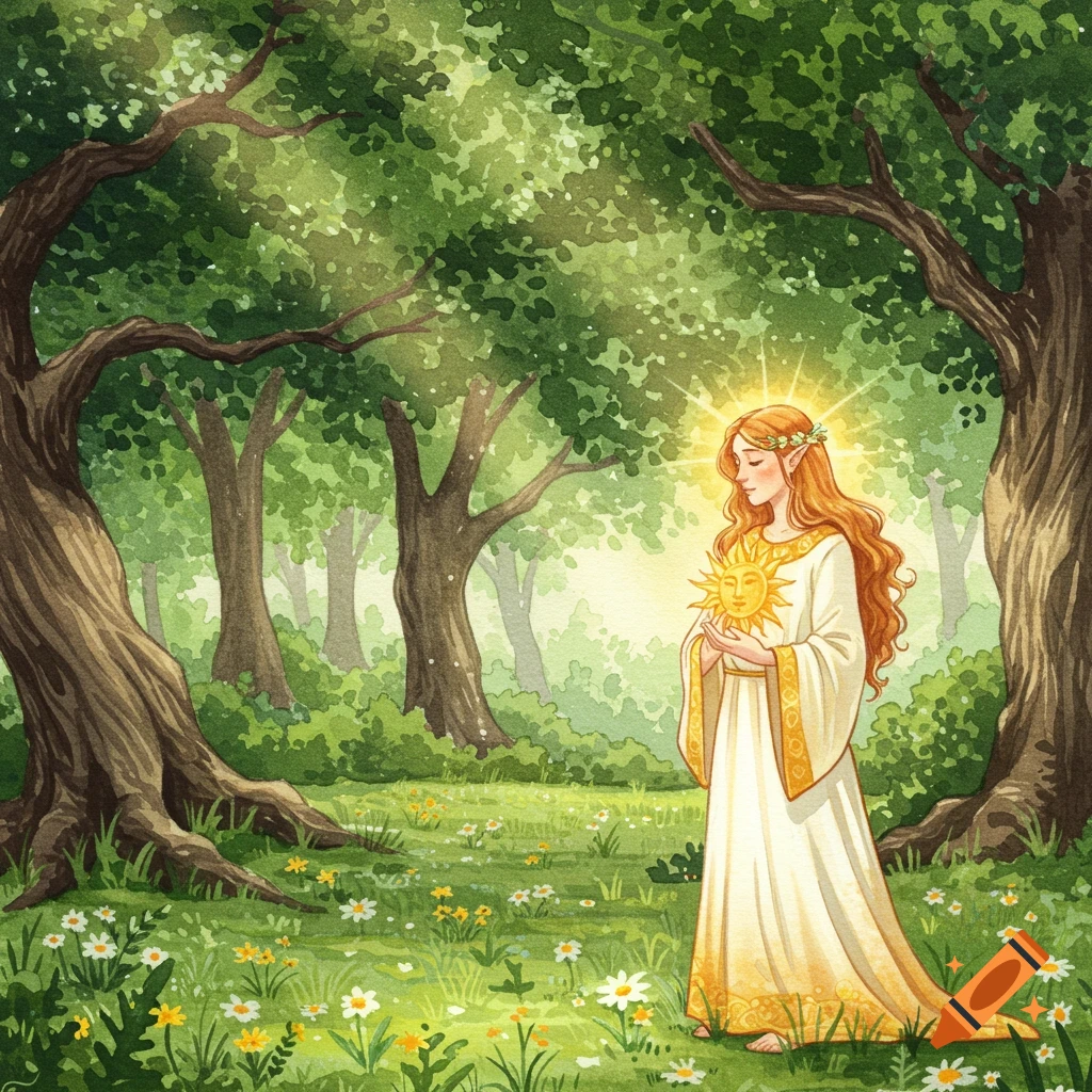 Watercolor painting of a red-haired woman holding a glowing sun symbol in an enchanted forest filled with wildflowers.