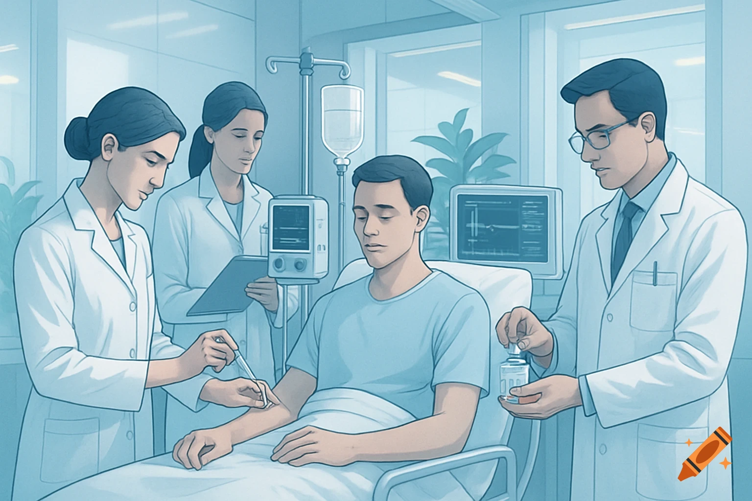 Illustration of doctors and nurses attending to a male patient in a hospital room, with one preparing an injection.
