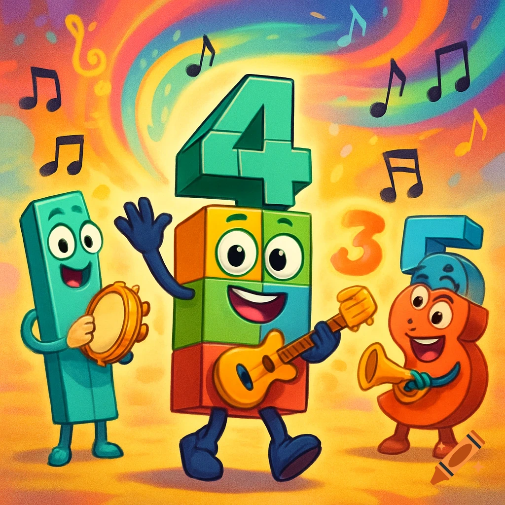 Cheerful cartoon number block characters 4, 3, and 5 play musical instruments against a vibrant, swirling background with musical notes.