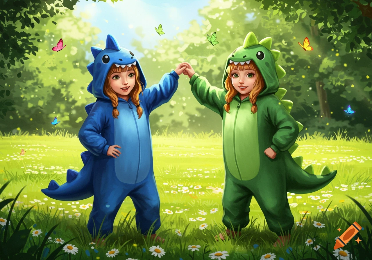 Two young girls in blue and green dinosaur onesies hold hands in a sunny, flower-filled meadow with butterflies, in a vibrant cartoon style.