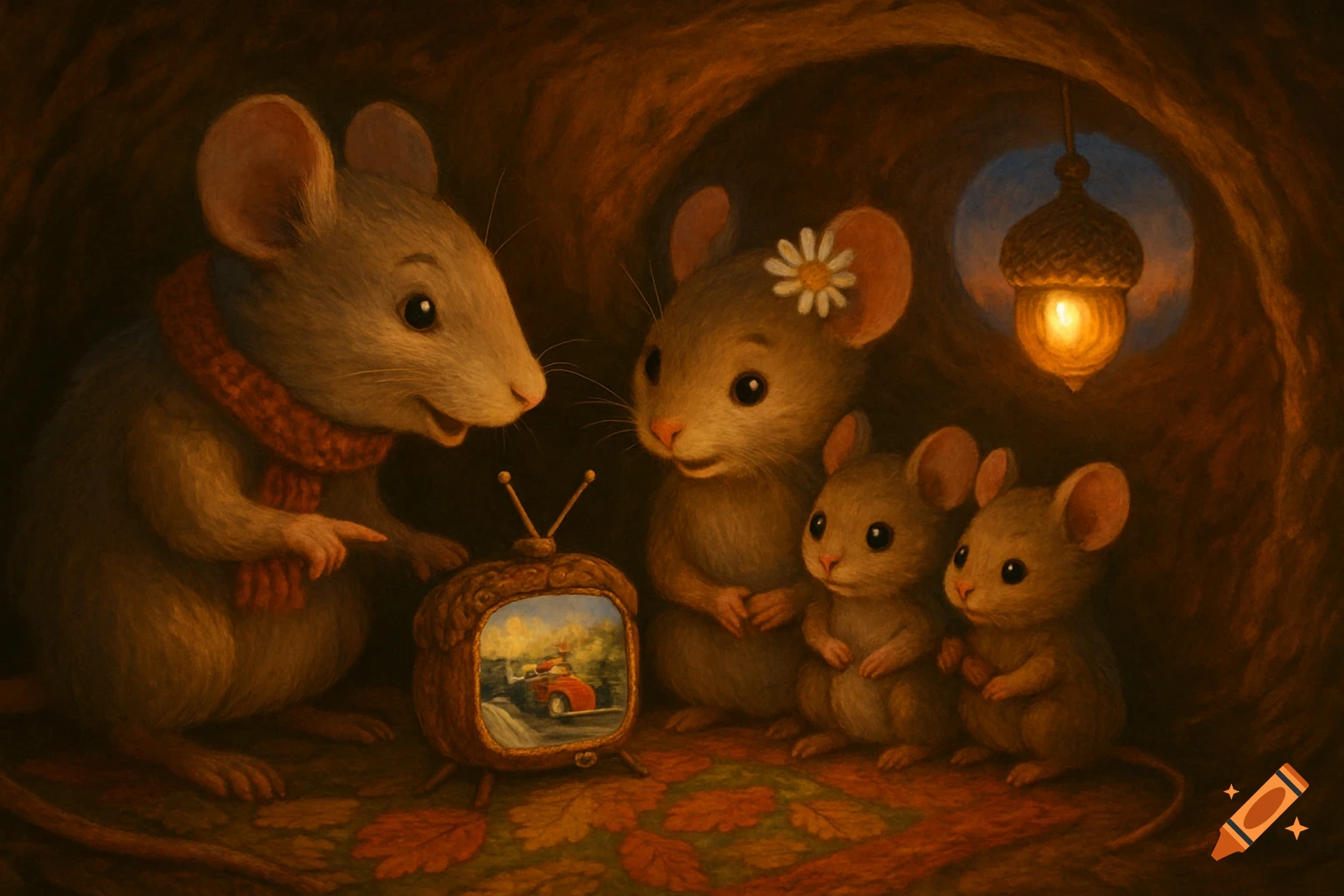 A family of four anthropomorphic mice, one wearing a scarf, watches an acorn TV in a cozy burrow with an acorn lantern.