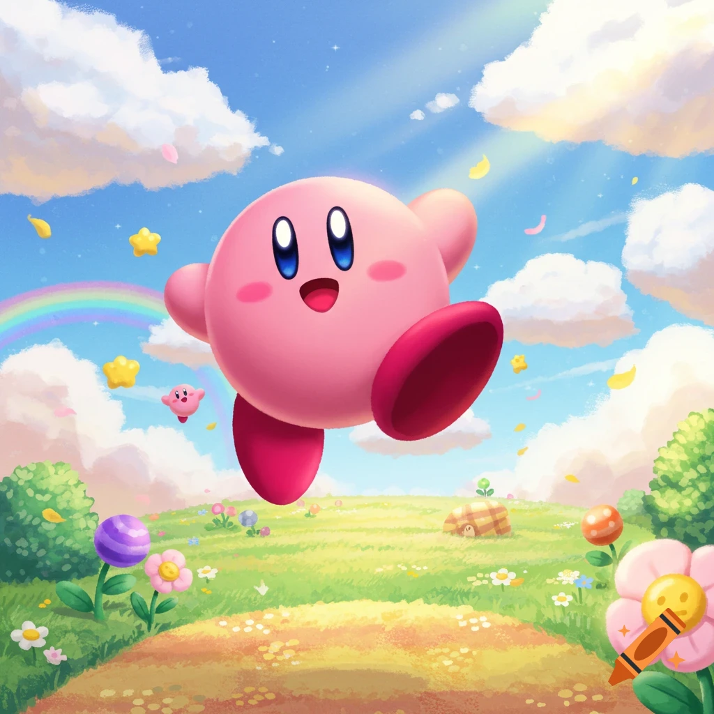 Pink Kirby cartoon character happily running through a bright, colorful fantasy landscape with a rainbow, stars, and flowers.