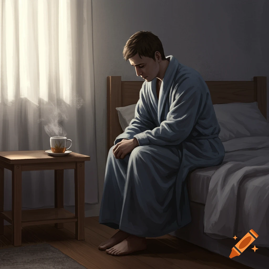A man in a robe sits somberly on a bed with a steaming cup of tea beside him in a dimly lit bedroom, light streaming from a window.