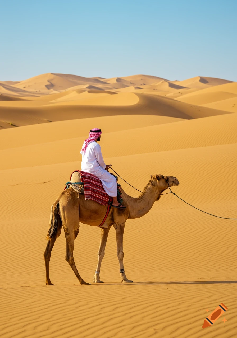 A man in traditional Arabic clothing rides a camel through a golden desert with sand dunes under a clear blue sky, photorealistic.