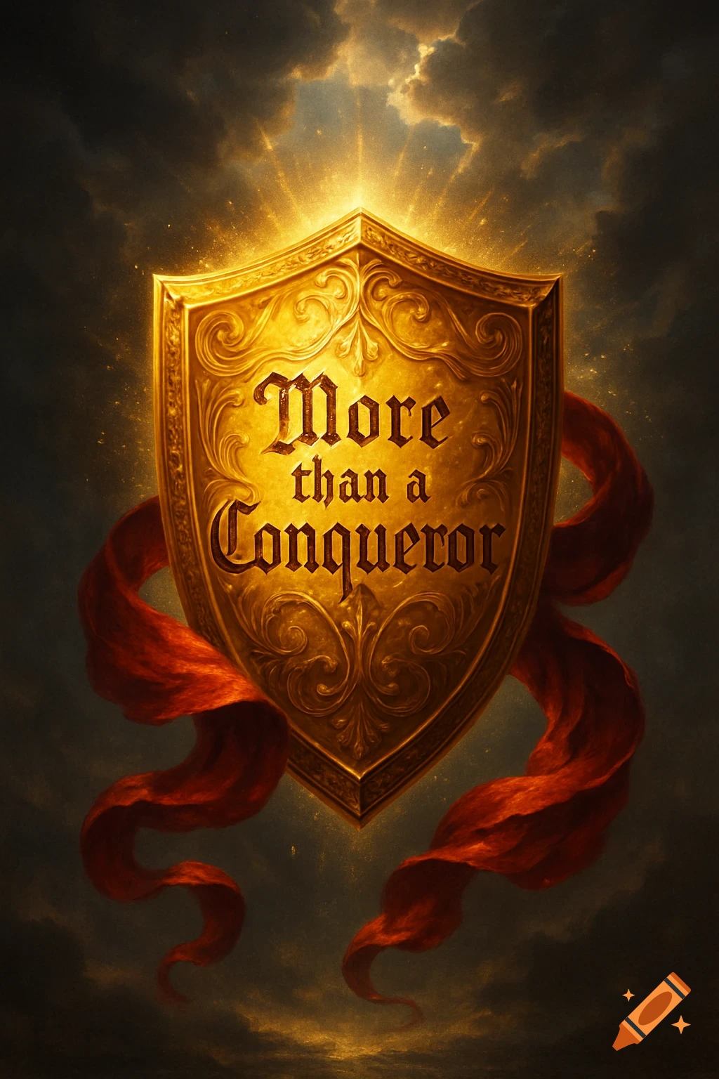 A glowing golden shield with ornate carvings, emblazoned with 'More than a Conqueror' and wrapped in a flowing red banner against a dark, cloudy sky with golden light rays.