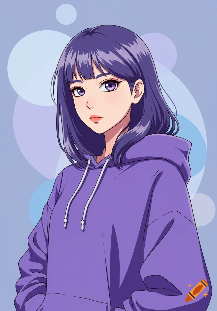 Anime girl with purple hair in a purple hoodie against a light blue background with circles.