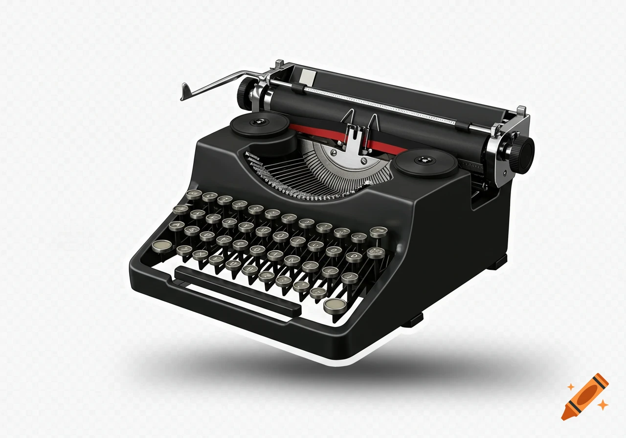 A photorealistic 3D render of a black vintage typewriter with keys and platen visible, casting a shadow on a transparent background.