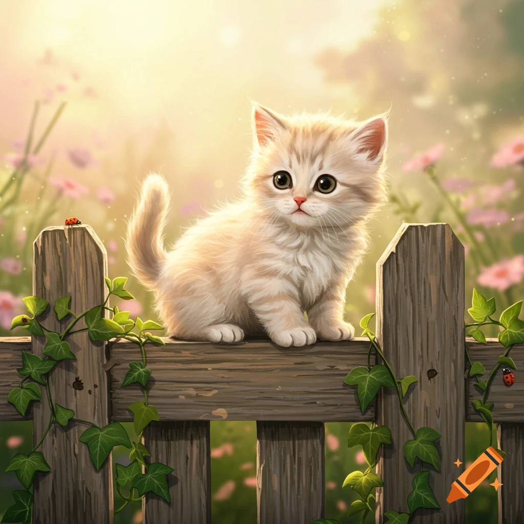 A fluffy beige kitten with big eyes sits on a weathered wooden fence adorned with ivy and ladybugs, in a sunlit garden with soft pink flowers in the background.