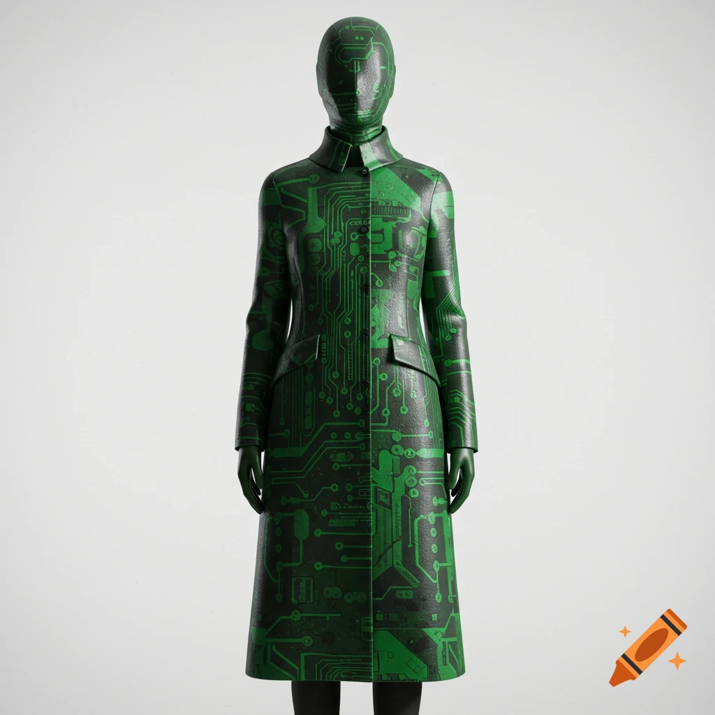 Full-length view of a mannequin in a dark green coat with bright green circuit board patterns on a white background.