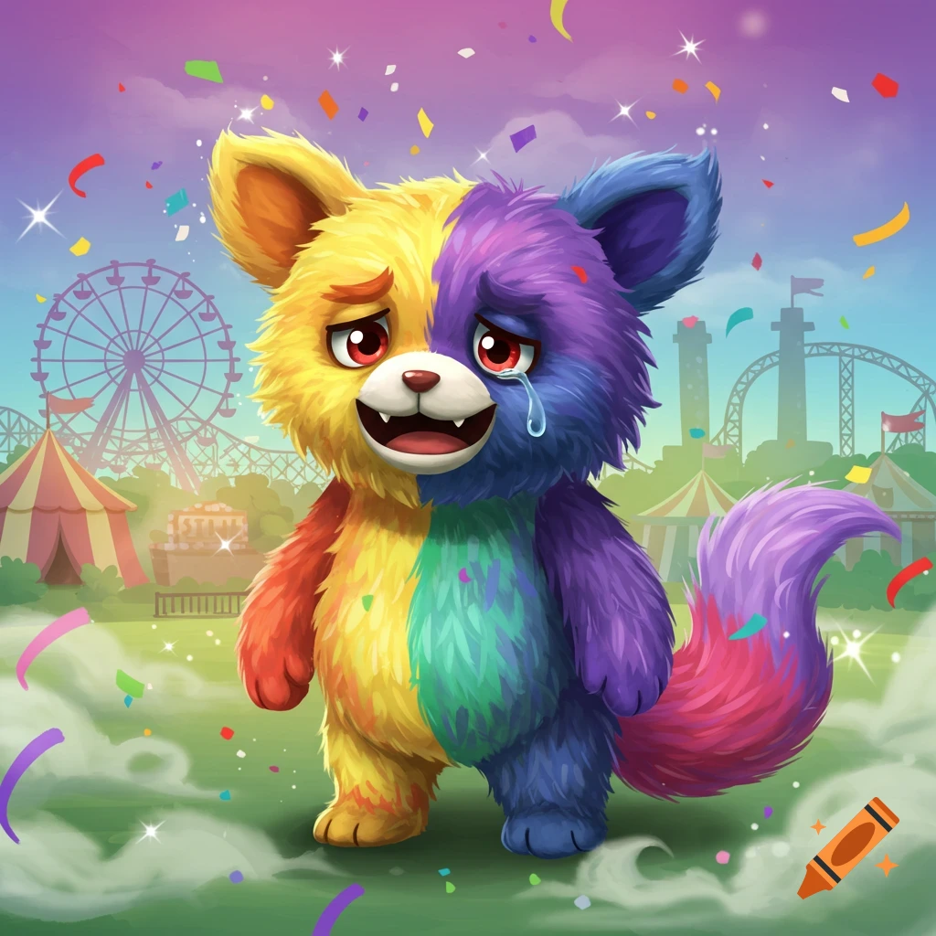 Vibrant illustration of a split-personality bear mascot, half yellow and smiling, half purple and crying, at a theme park.