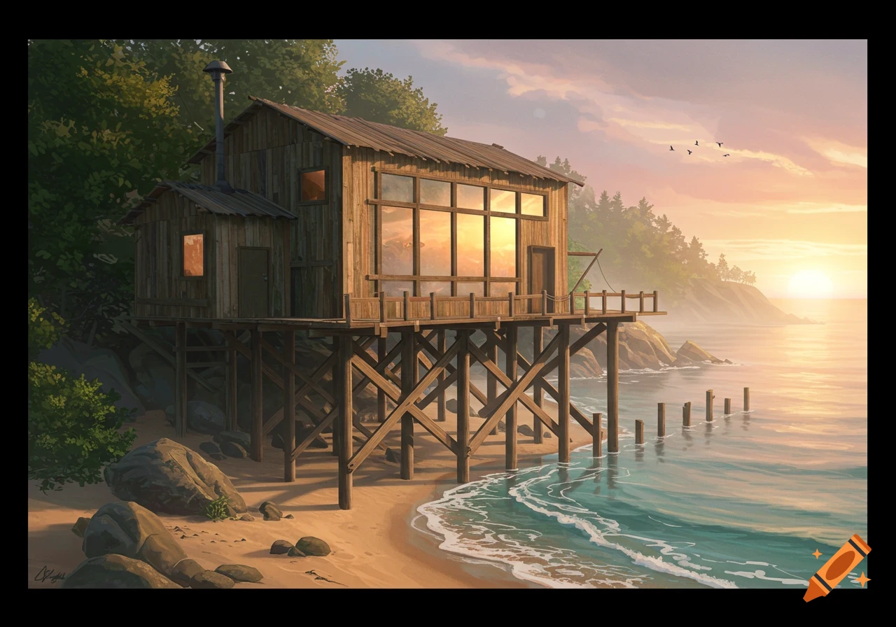Illustration of a wooden stilt house on a sandy beach by the ocean at sunset, with lush trees on a cliff and birds in the sky.